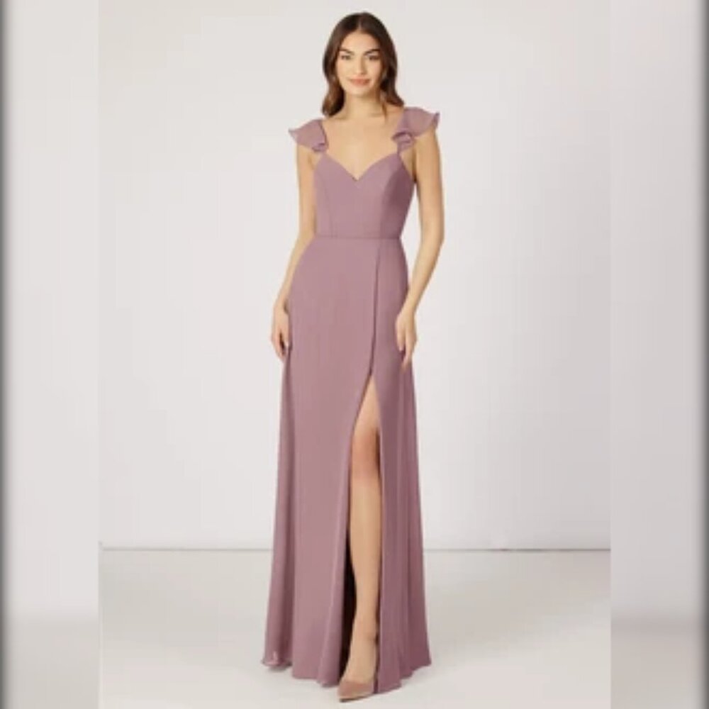 AZAZIE Everett A-Line V-neck Ruched Chiffon Floor-Length Dress EUC (A6)